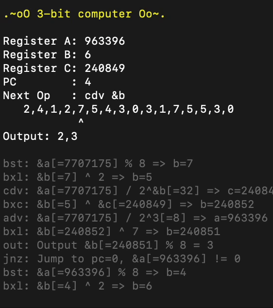 Animated 3-bit computer in the console